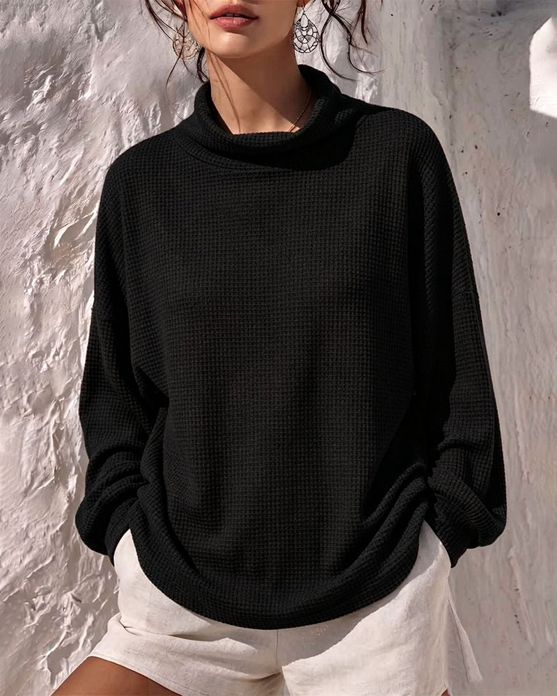Women's Oversized Waffle Knit Cowl Neck Blouse