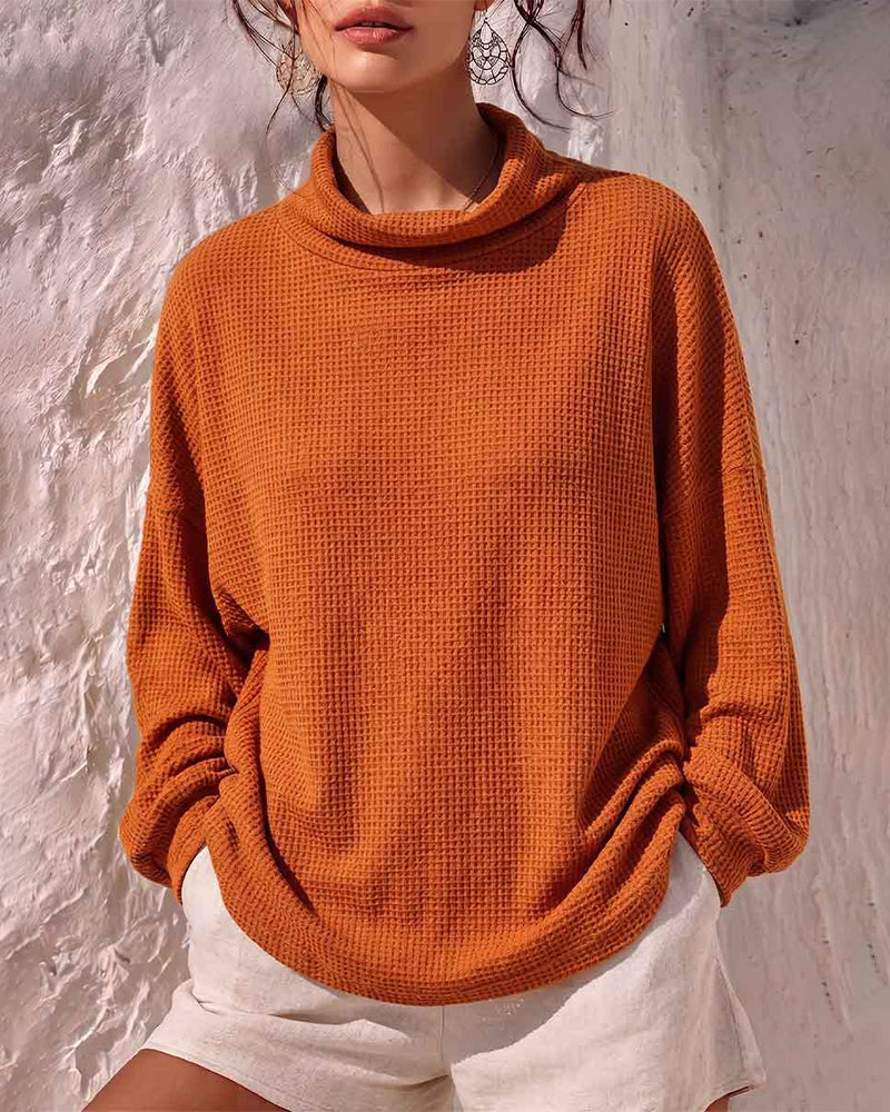 Women's Waffle Knit Cowl Neck Cozy Oversized Blouse – detail