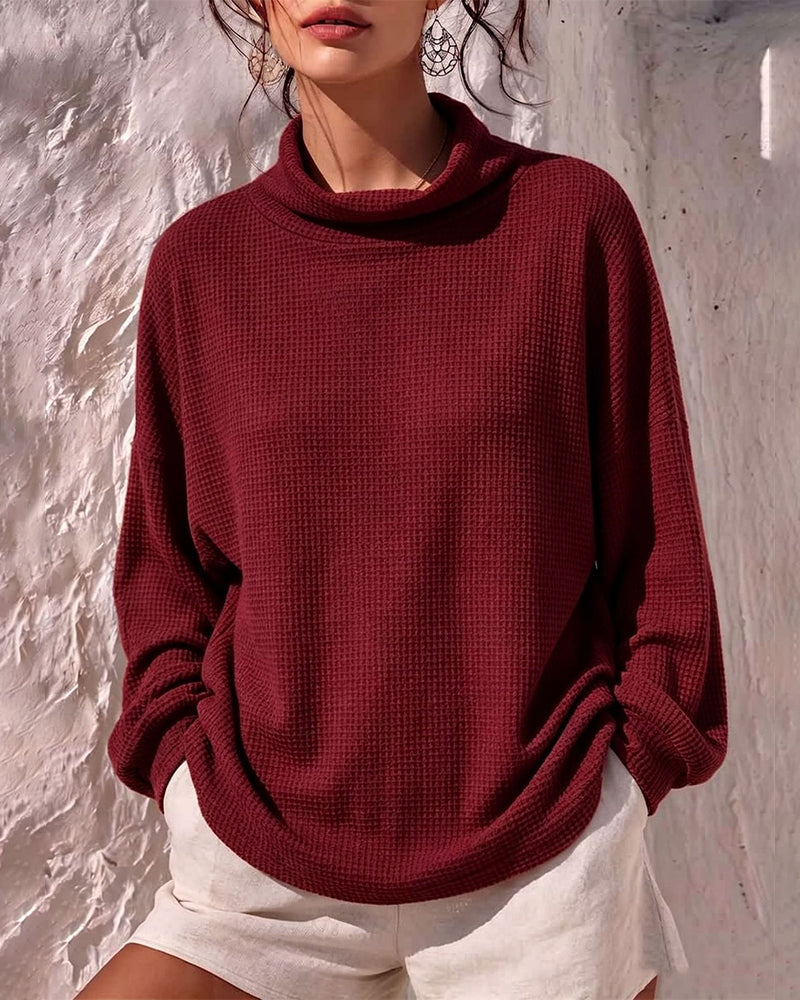 Women's Waffle Knit Cowl Neck Cozy Oversized Blouse – detail