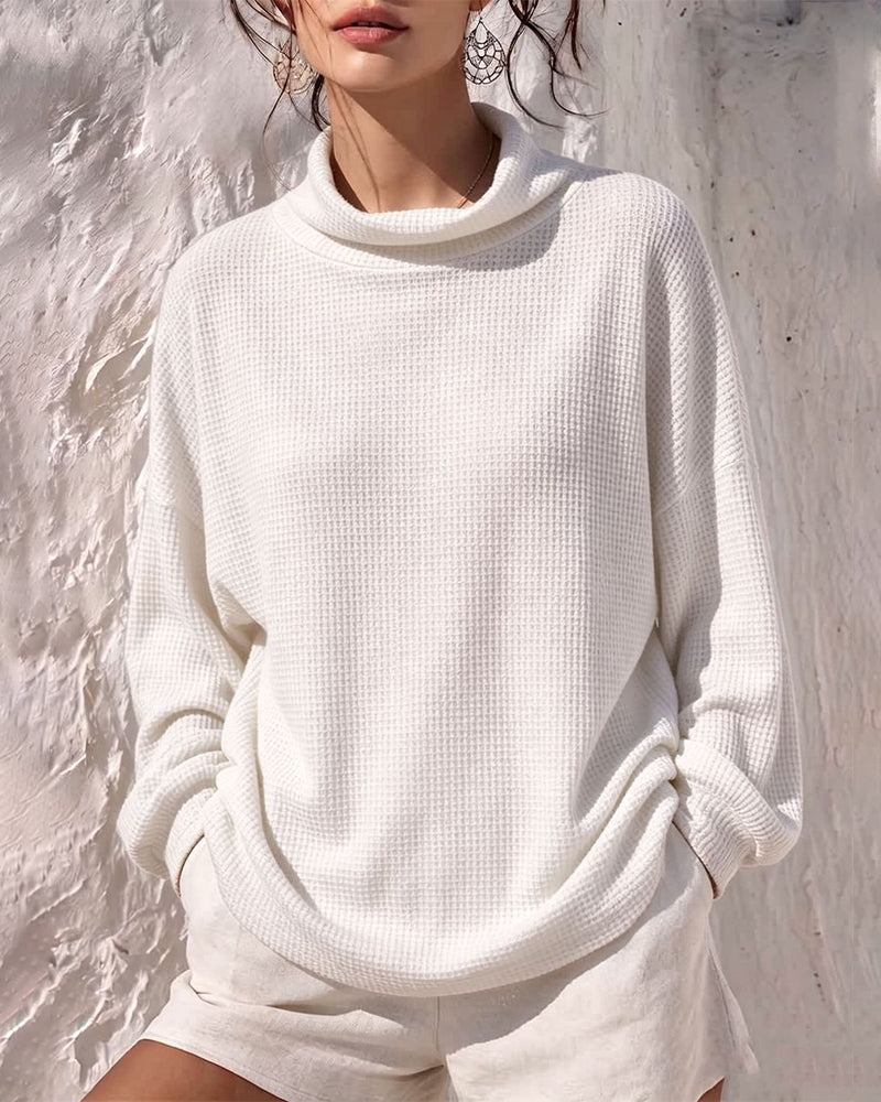 Women's Oversized Waffle Knit Cowl Neck Blouse
