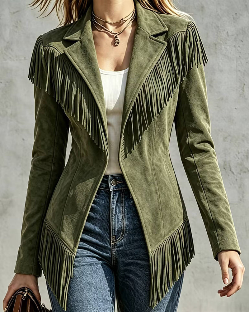 Women's Faux Suede Western Jacket – Army Green, Black, Coffee, Gray