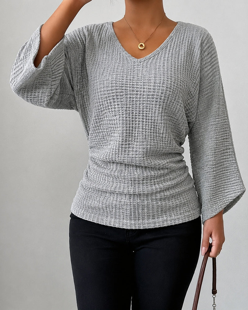 Women's Waffle Knit Flared V-Neck Blouse – detail