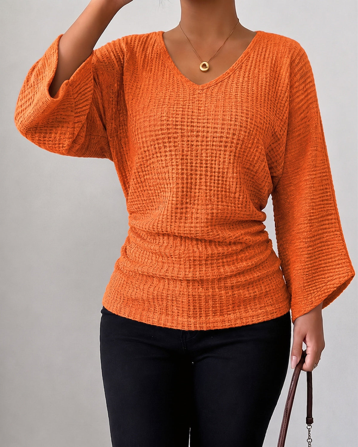 Women's Waffle Knit Flared V-Neck Blouse – detail
