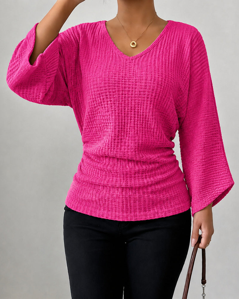 Women's Waffle Knit V-Neck Blouse
