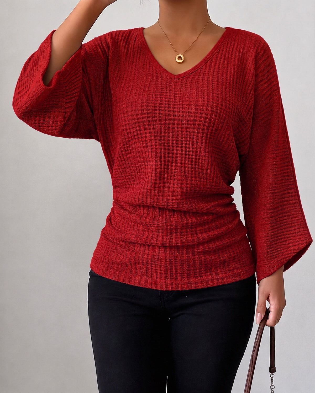 Women's Waffle Knit Flared V-Neck Blouse – detail