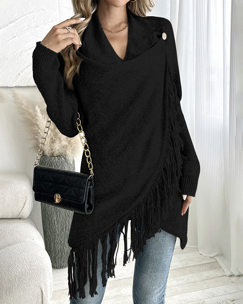 Women's Knit Wrap Asymmetric Fringe Cardigan – Black