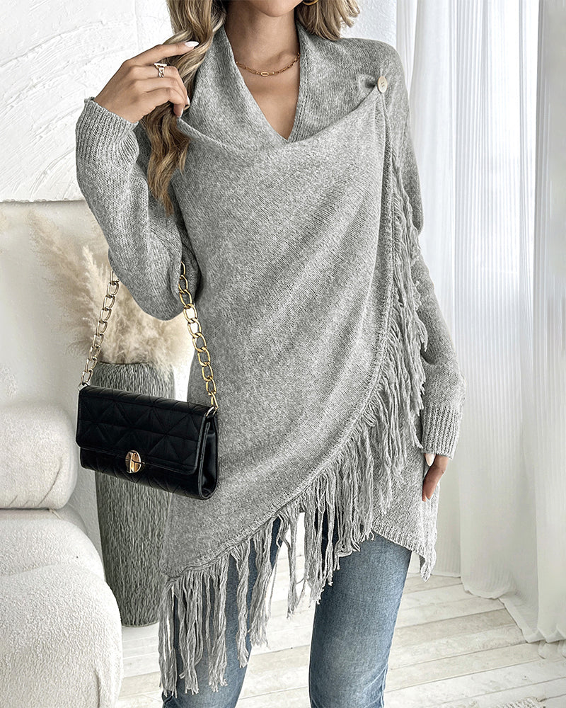 Women's Knit Wrap Asymmetric Fringe Cardigan – Gray