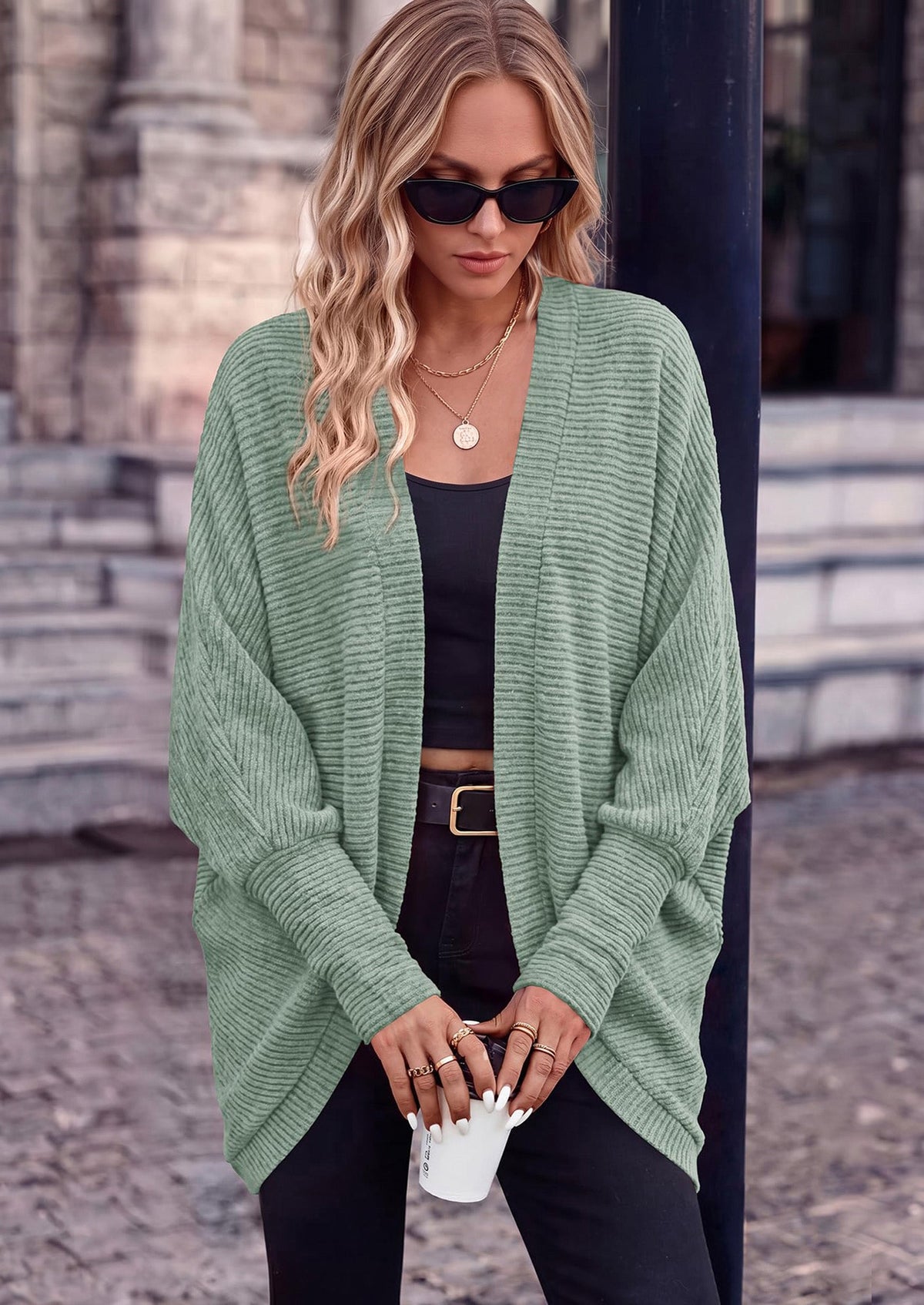 Women's Ribbed Knit Batwing Long Sleeve Relaxed-Fit Cardigan – Sage Green