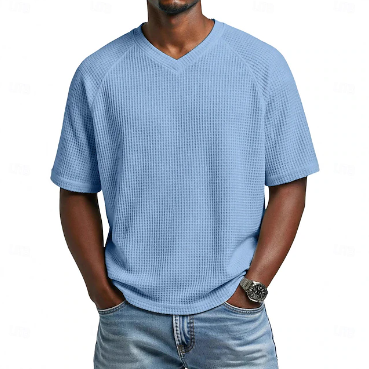 V-neck Short Sleeve Waffle Shirt for Men