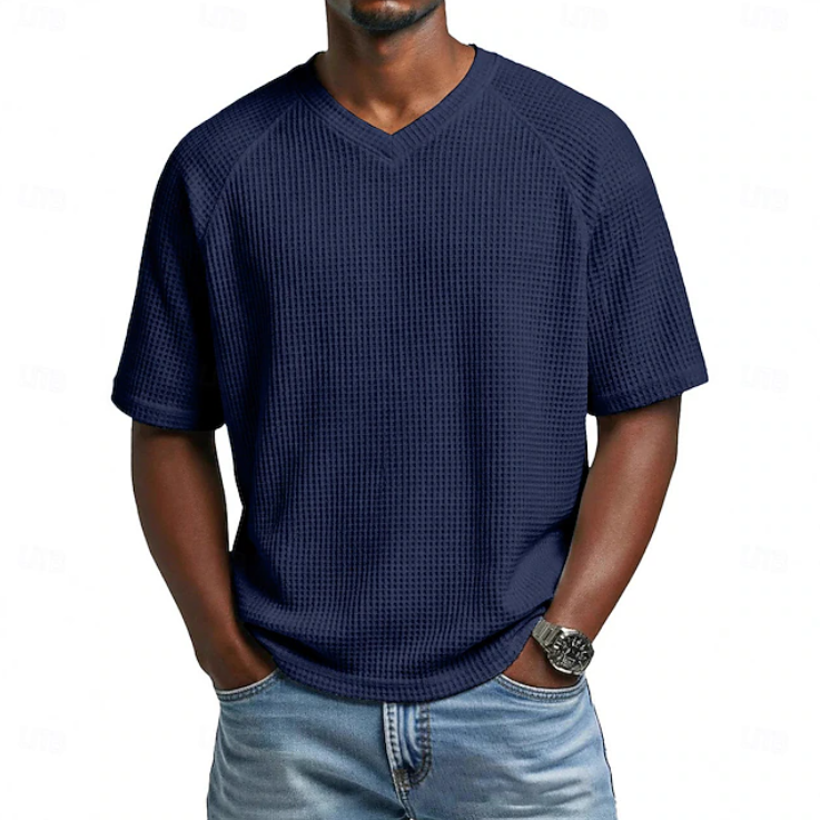 V-neck Short Sleeve Waffle Shirt for Men