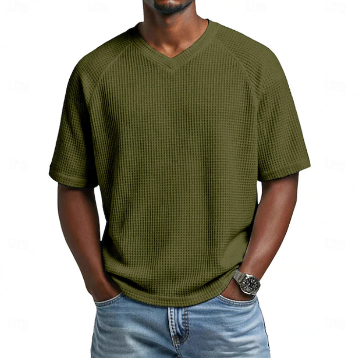 V-neck Short Sleeve Waffle Shirt for Men