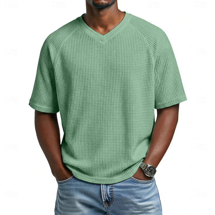 V-neck Short Sleeve Waffle Shirt for Men