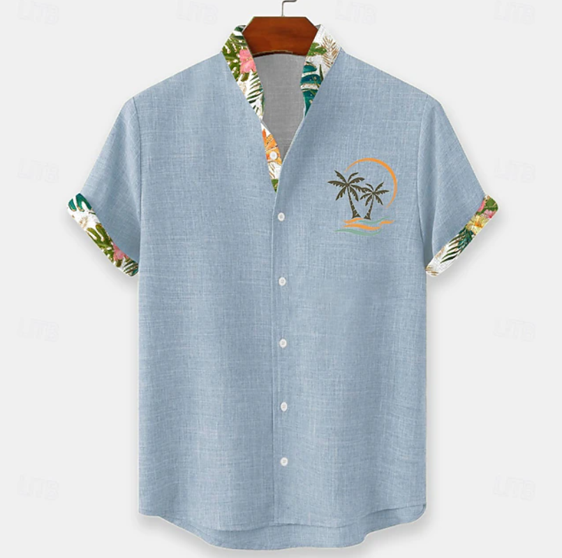 Palm Embroidery Short Sleeve Shirt for Men, Plus Size