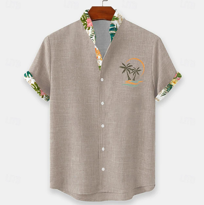 Palm Embroidery Short Sleeve Shirt for Men, Plus Size