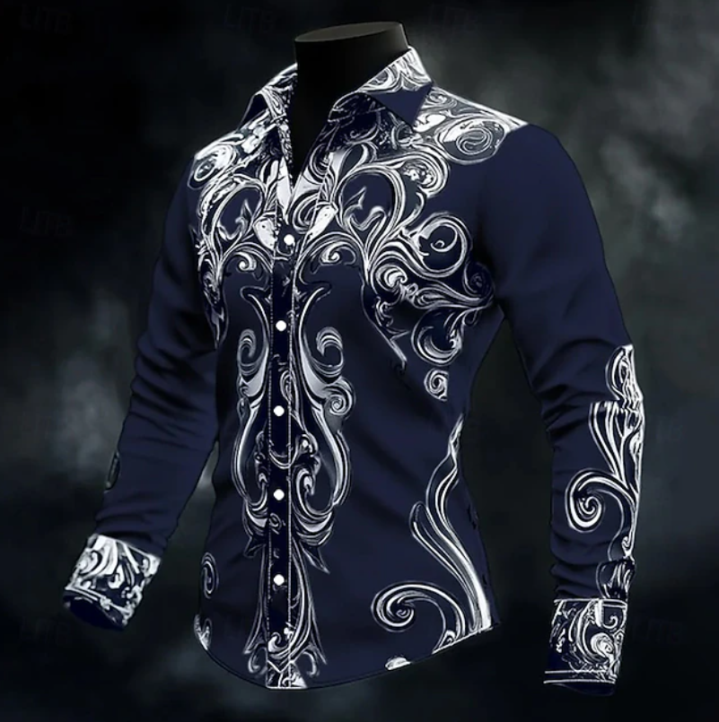 Ornate Print Long Sleeve Shirt for Men, Plus Size