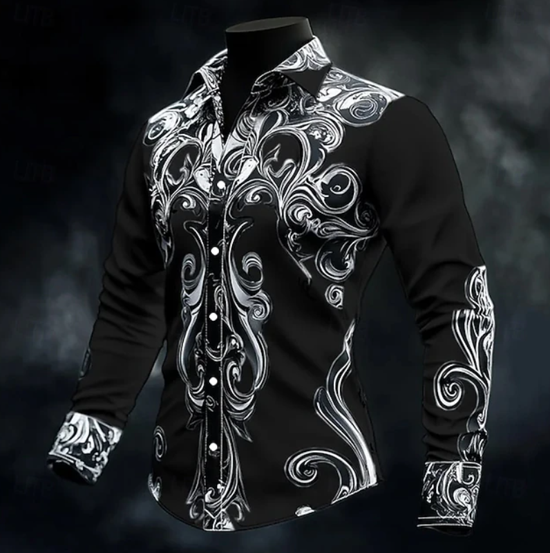 Ornate Print Long Sleeve Shirt for Men, Plus Size