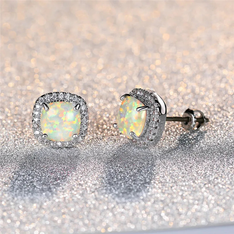 Elegant White Fire Opal Round Earrings for Women