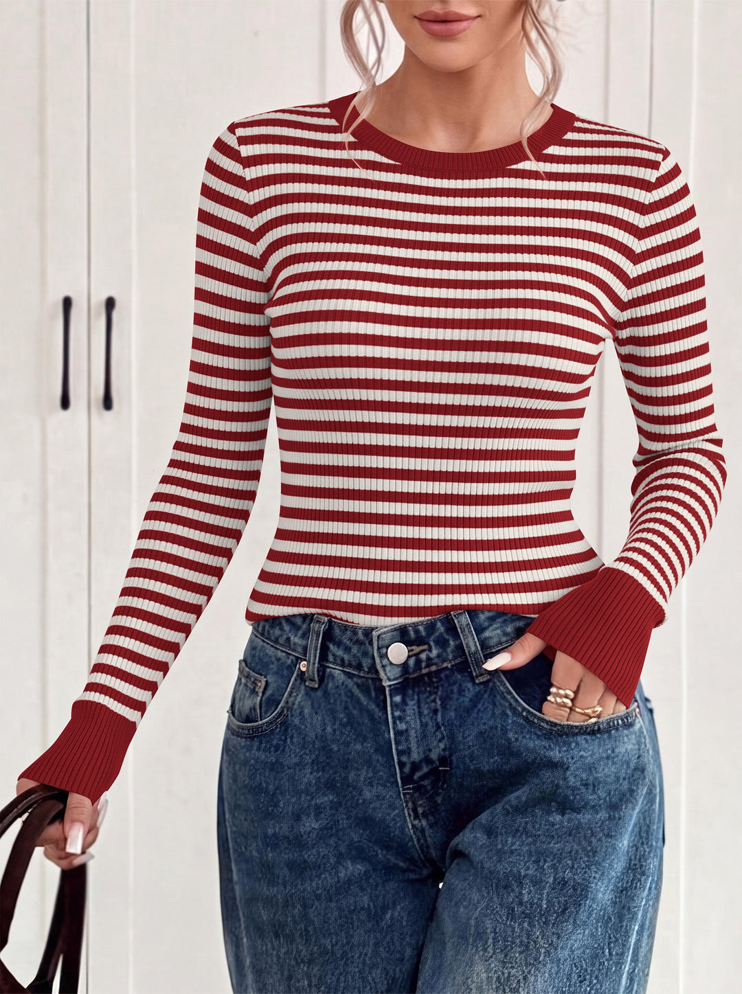 Women's Slim-Fit Long Sleeve Knit Crew Neck Sweater – Striped, Ribbed