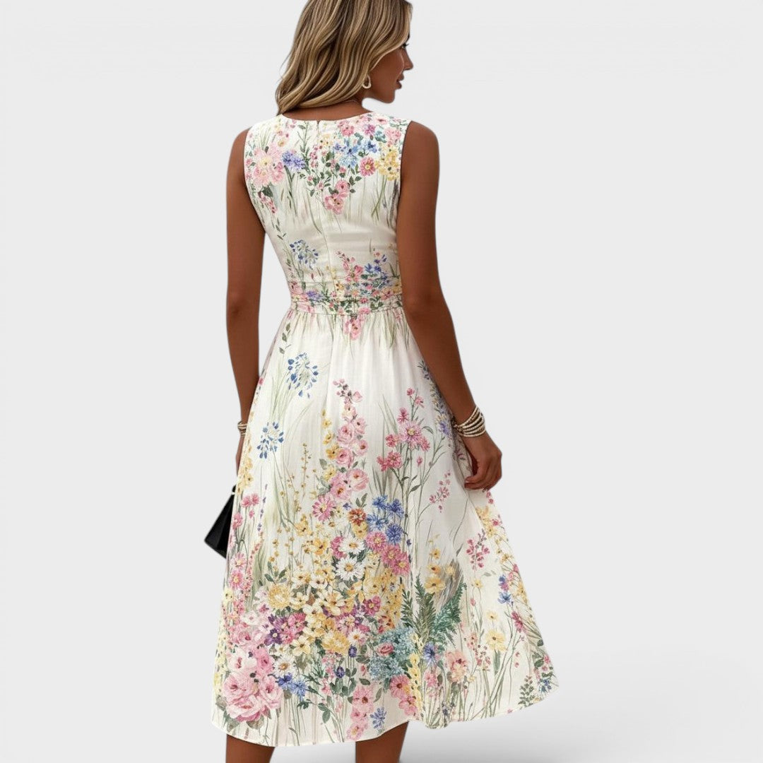White Sleeveless Floral Midi Dress for Women