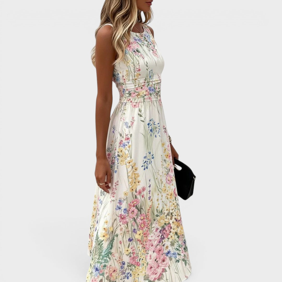 White Sleeveless Floral Midi Dress for Women