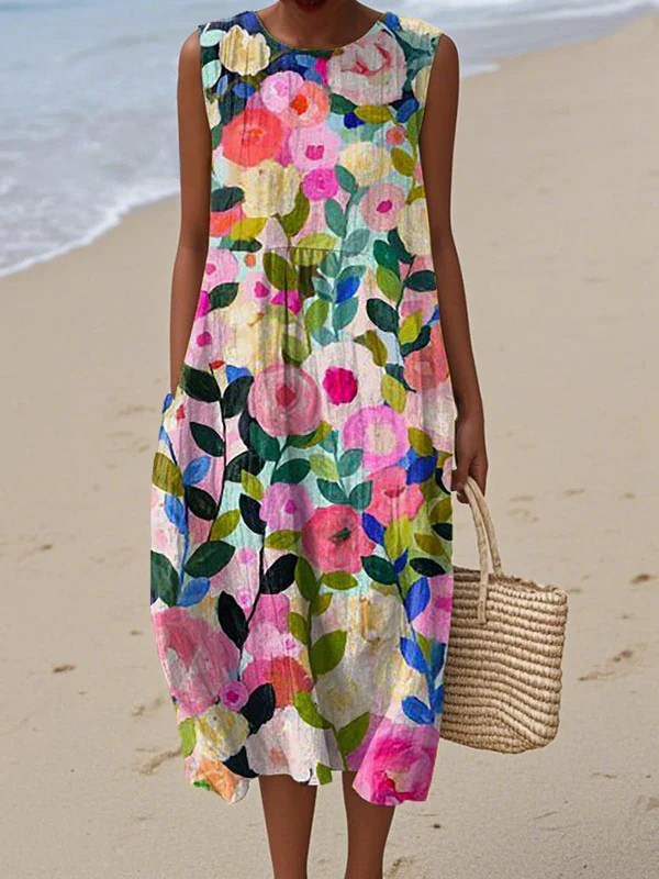 Sleeveless Floral Midi Dress for Women, Elegant Style