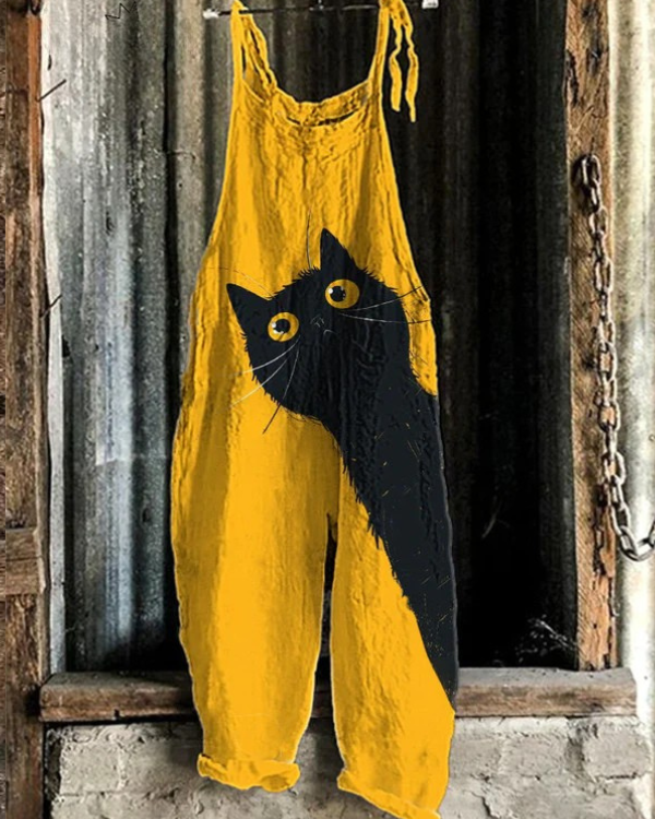 Lightweight Cat Print Jumpsuit for Women, Classic Style
