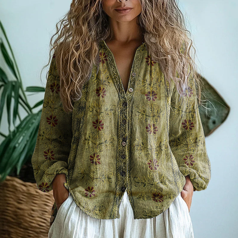 Vintage Leaf Print Shirt for Women, Elegant Style