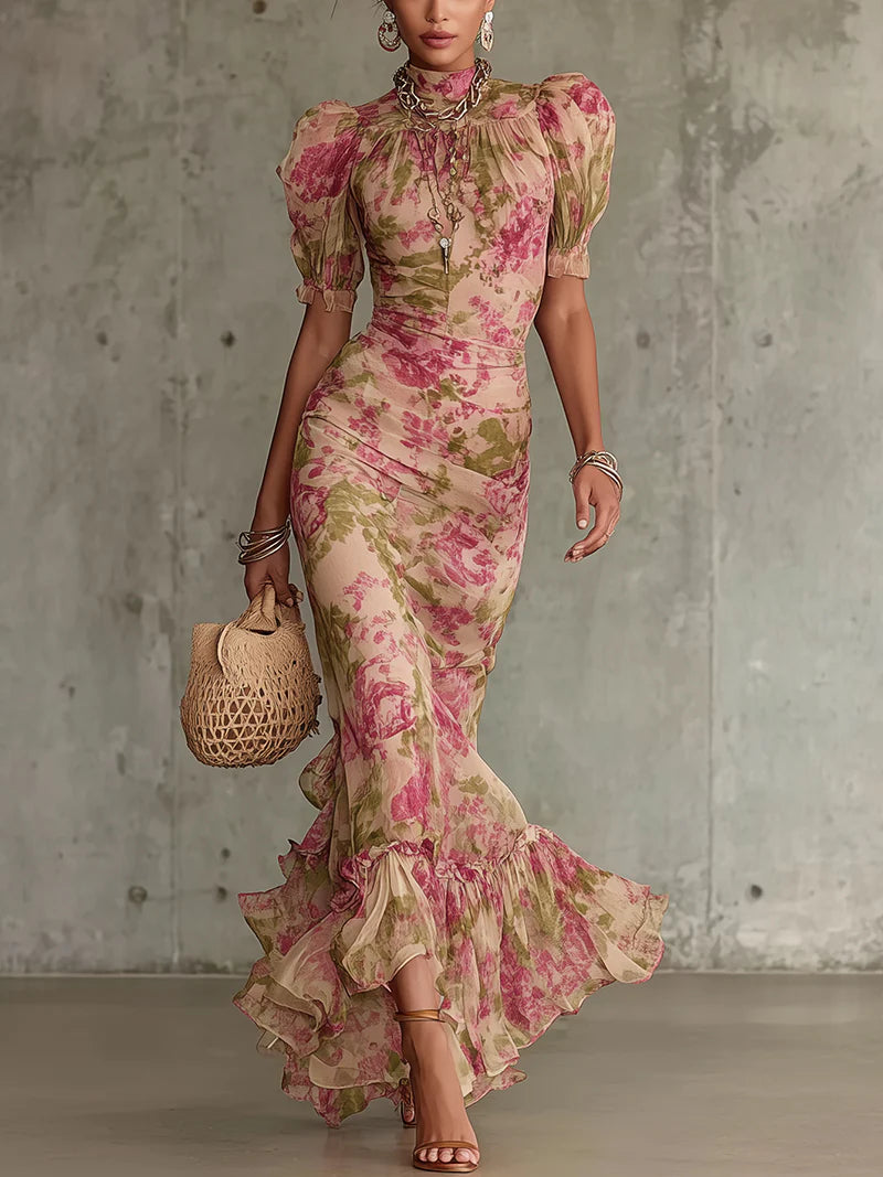 Pink Vintage Puff Sleeves Maxi Dress for Women