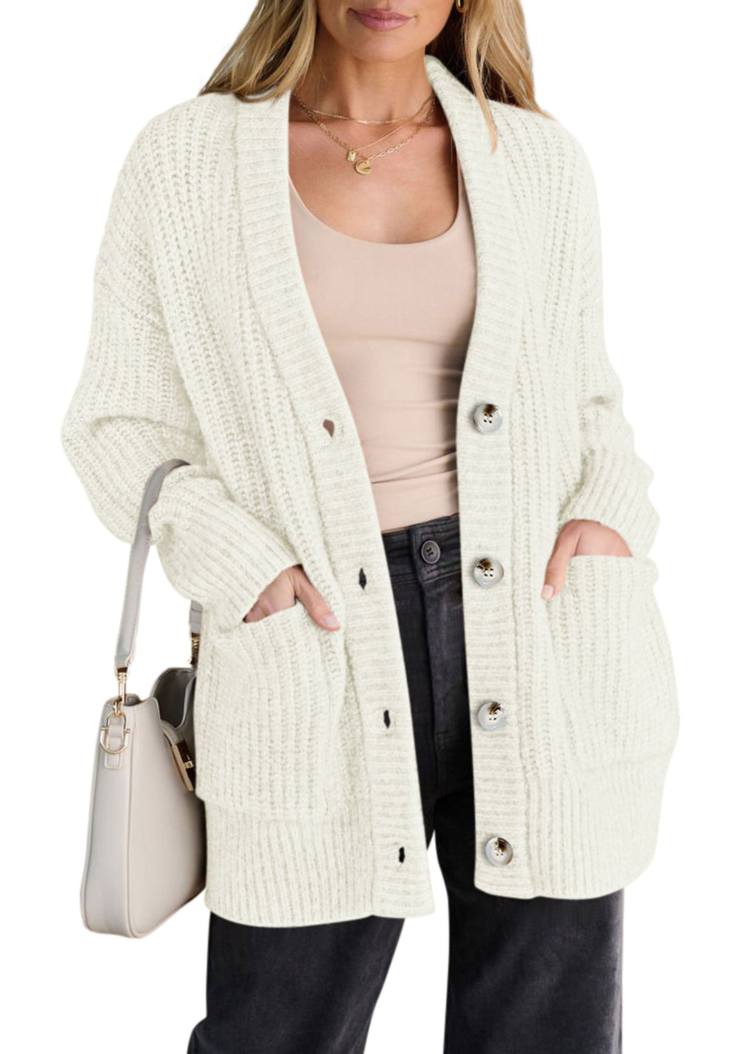Women's Oversized Button-Front Knit V-Neck Cardigan with Pockets