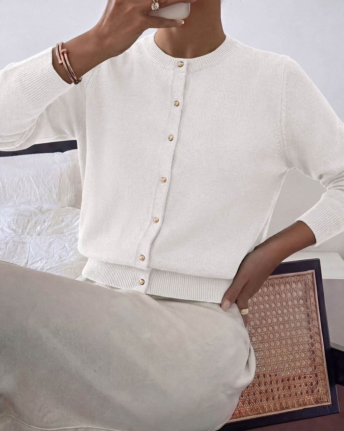 Women's Ribbed Knit Open-Front Long Sleeve Soft Cardigan – White