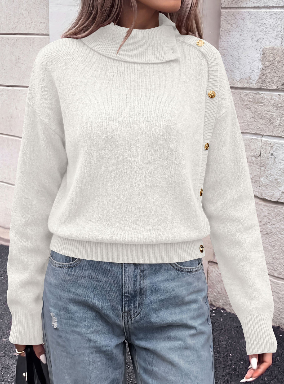 Women's Ribbed Knit Workwear Asymmetric Turtleneck Sweater – White