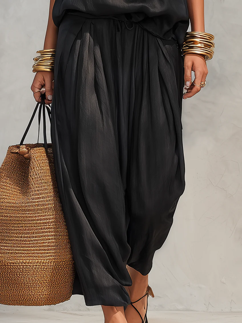 Black Draped Sleeveless Set for Women