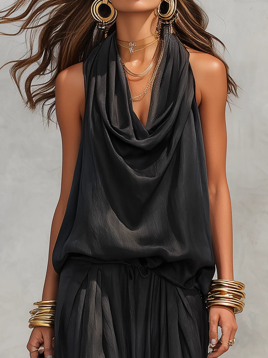 Black Draped Sleeveless Set for Women