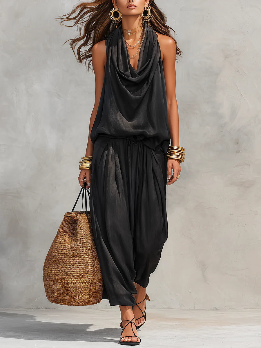 Black Draped Sleeveless Set for Women