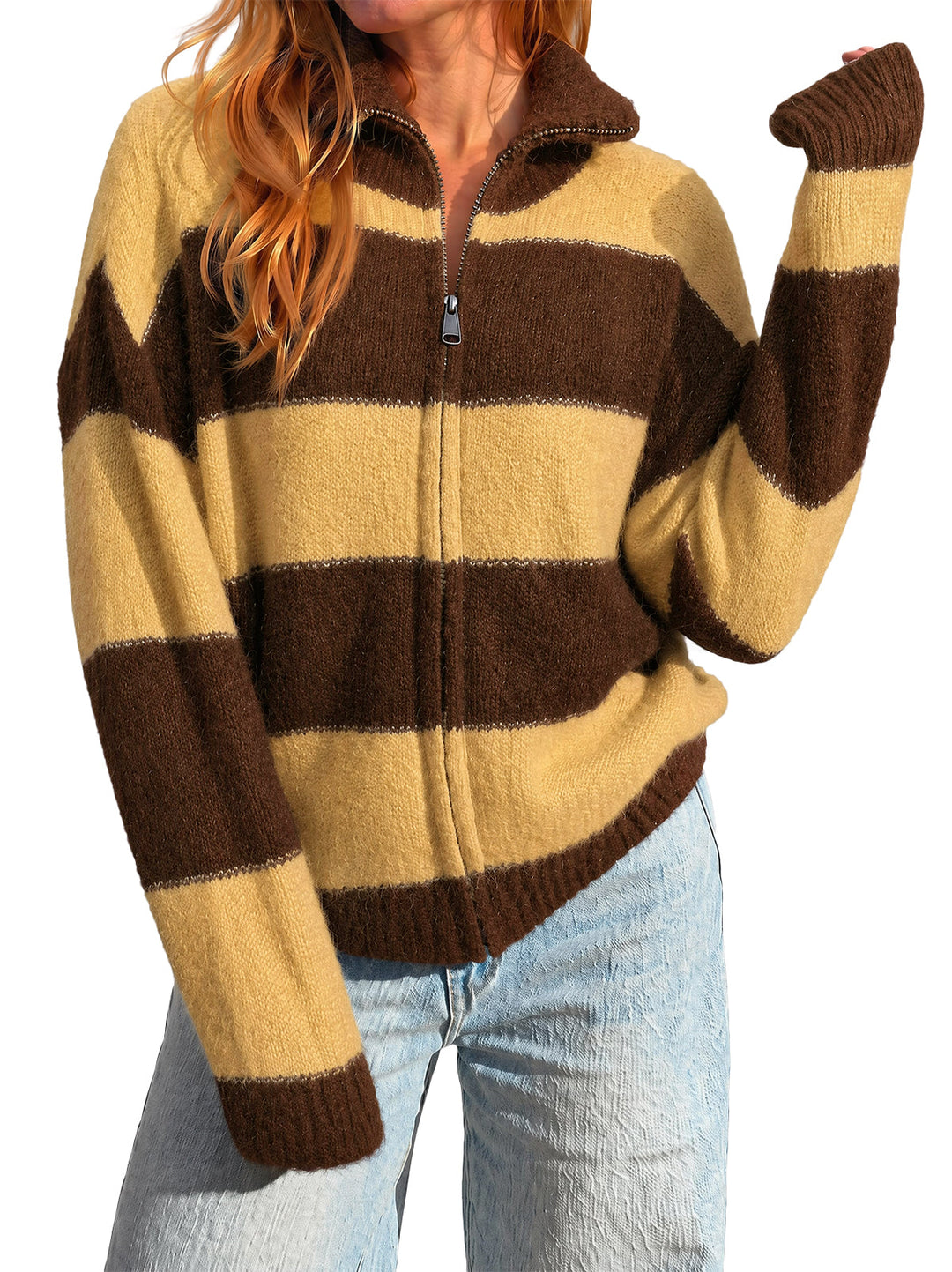 Women's Striped Knit Cardigan – Yellow, Red, Navy, Army Green