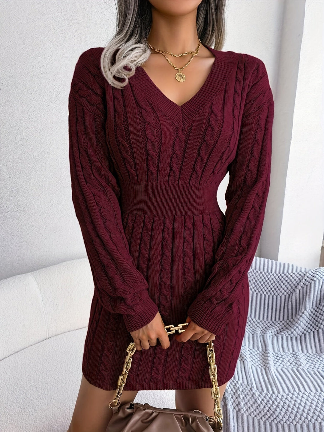 Ladies Cable-Knit Peplum Sweater Dress
