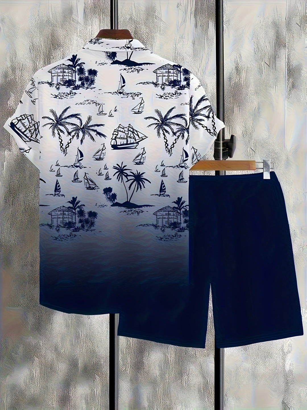 Coastal Print Shirt and Shorts Set for Men