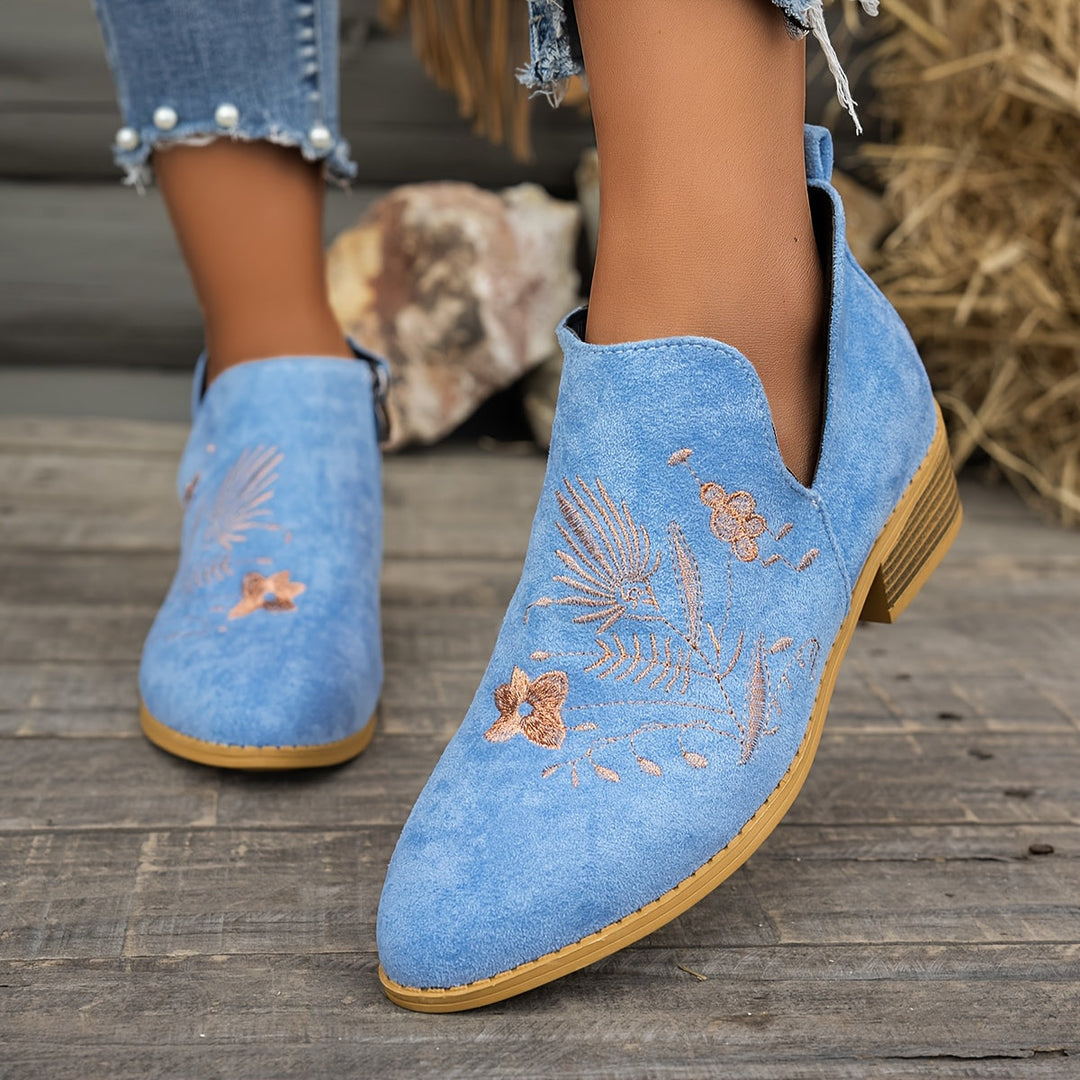 Embroidered Low-Heel Ankle Boots for Women