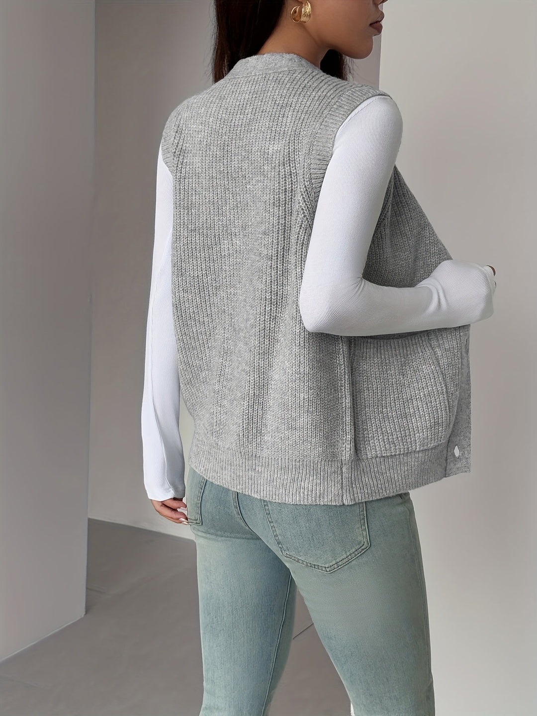 Buttoned V-Neck Knit Vest for Women