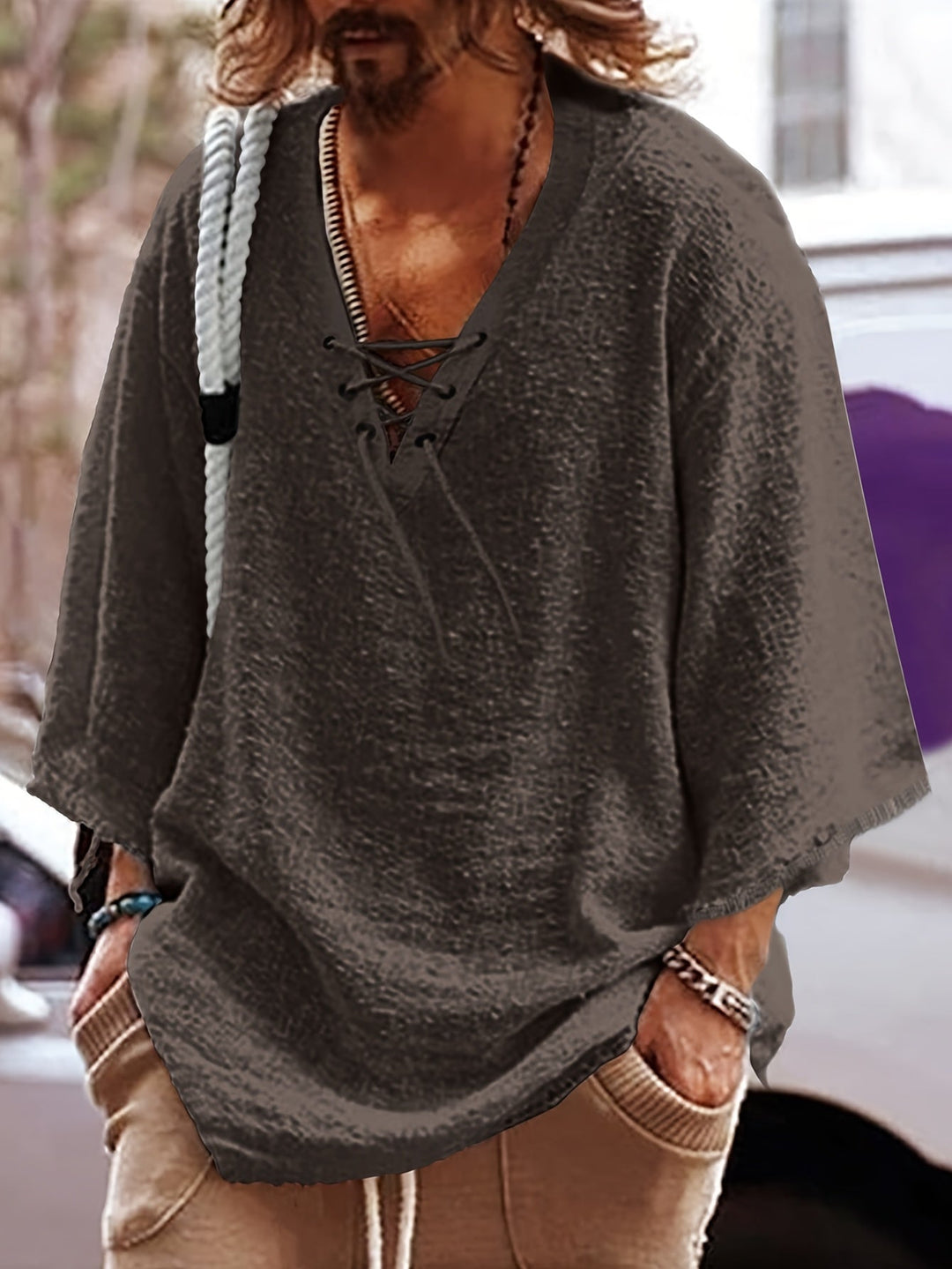 Lace-Up V-Neck Shirt for Men, Relaxed Style