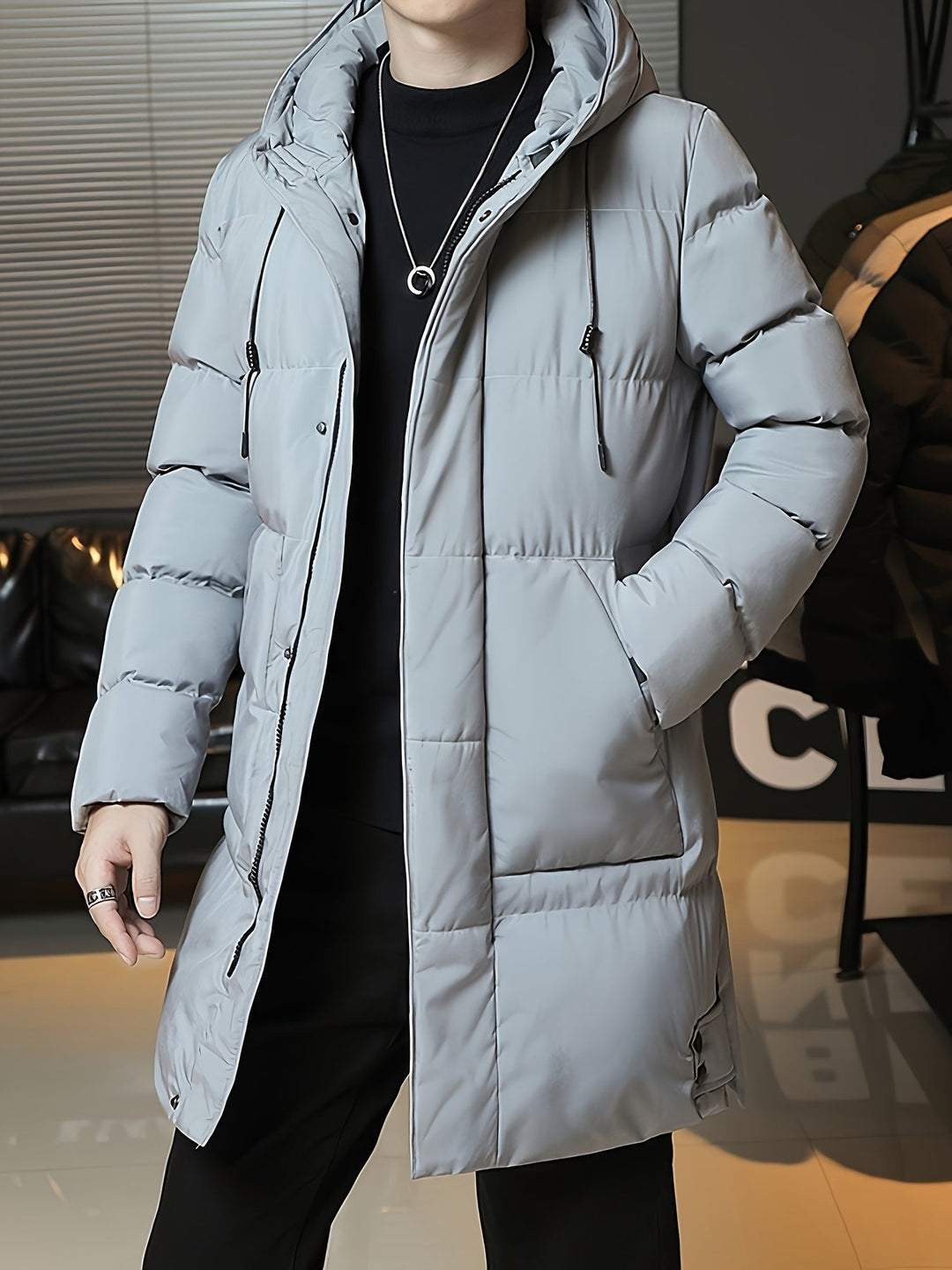 Hooded Longline Puffer Coat for Men, Plus Size