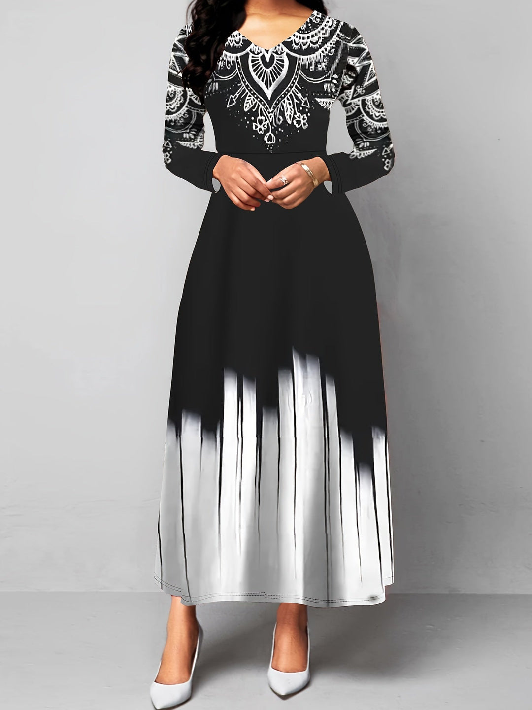 Ornate Print Flared Maxi Dress for Women