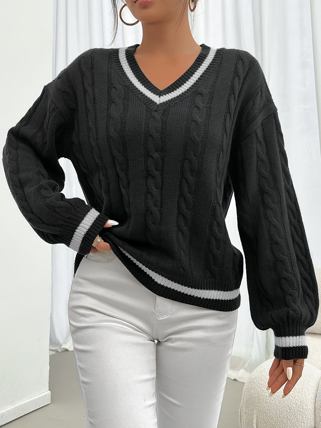 Women's Cable-Knit V-Neck Sweater