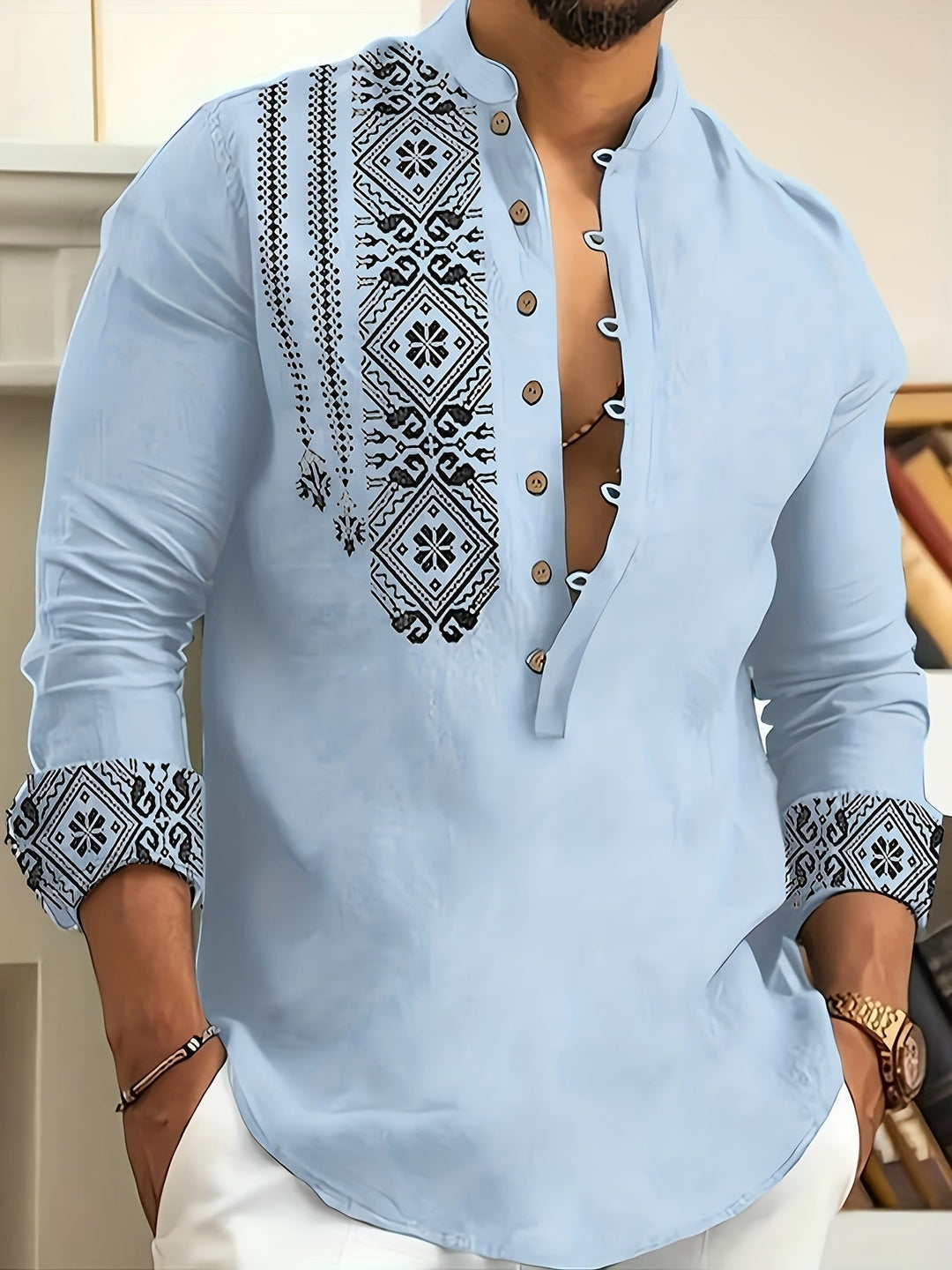 Patterned Long Sleeve Henley Shirt for Men