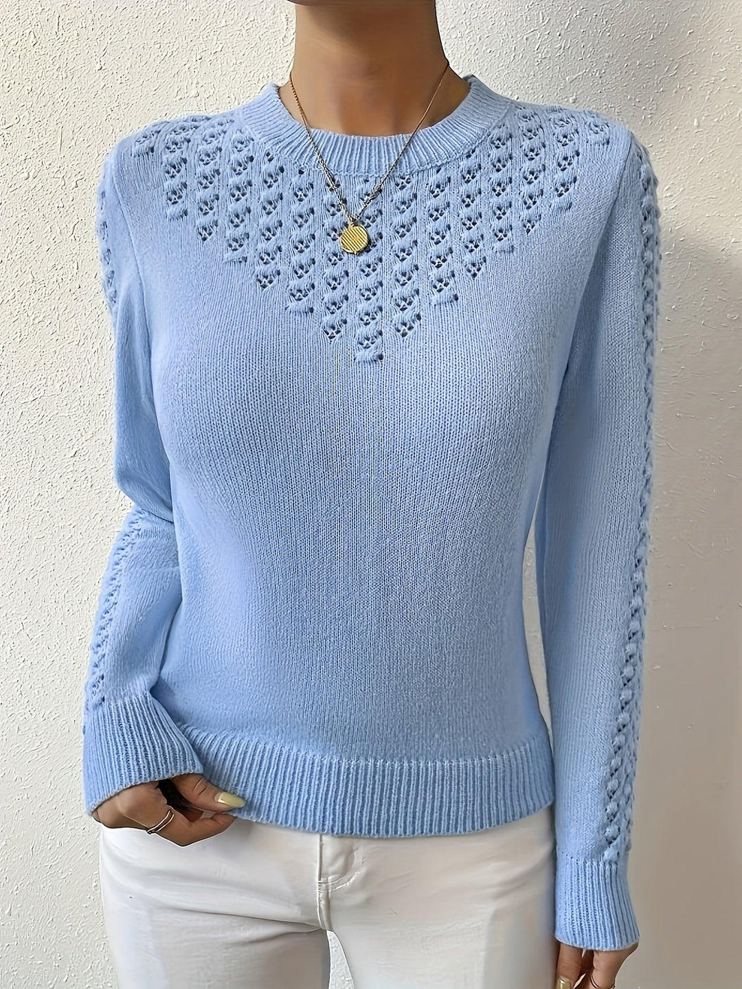 Pointelle-Knit Round Neck Sweater for Women