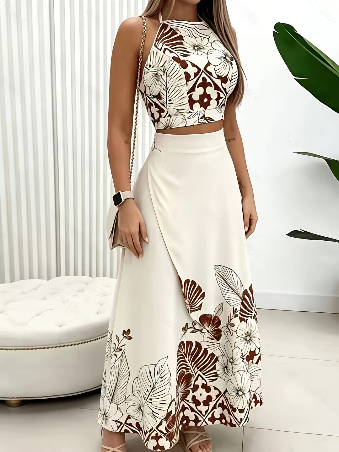 Tropical Print Two-Piece Skirt Set for Women