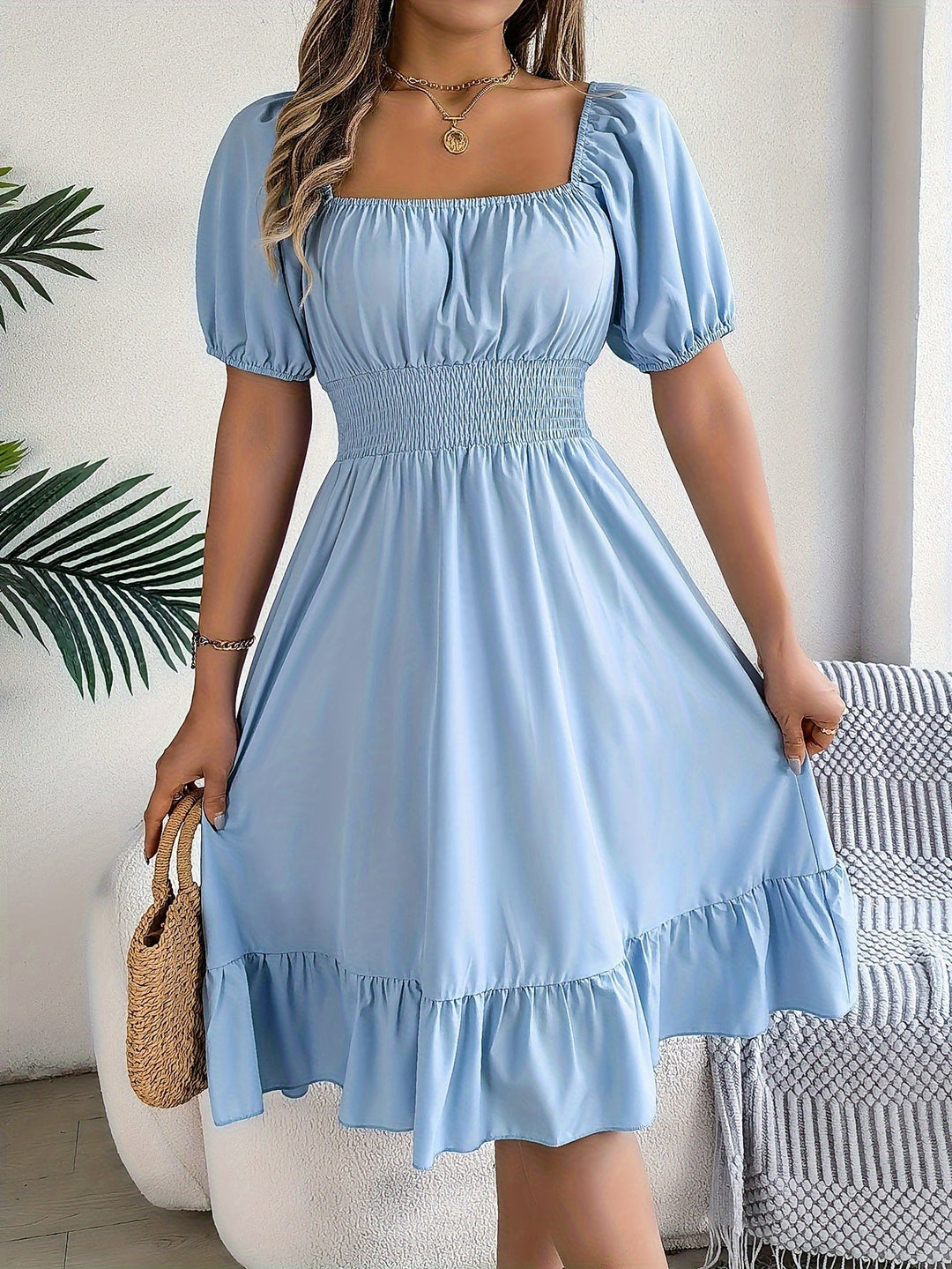 Square Neck Ruffled A-Line Dress for Women