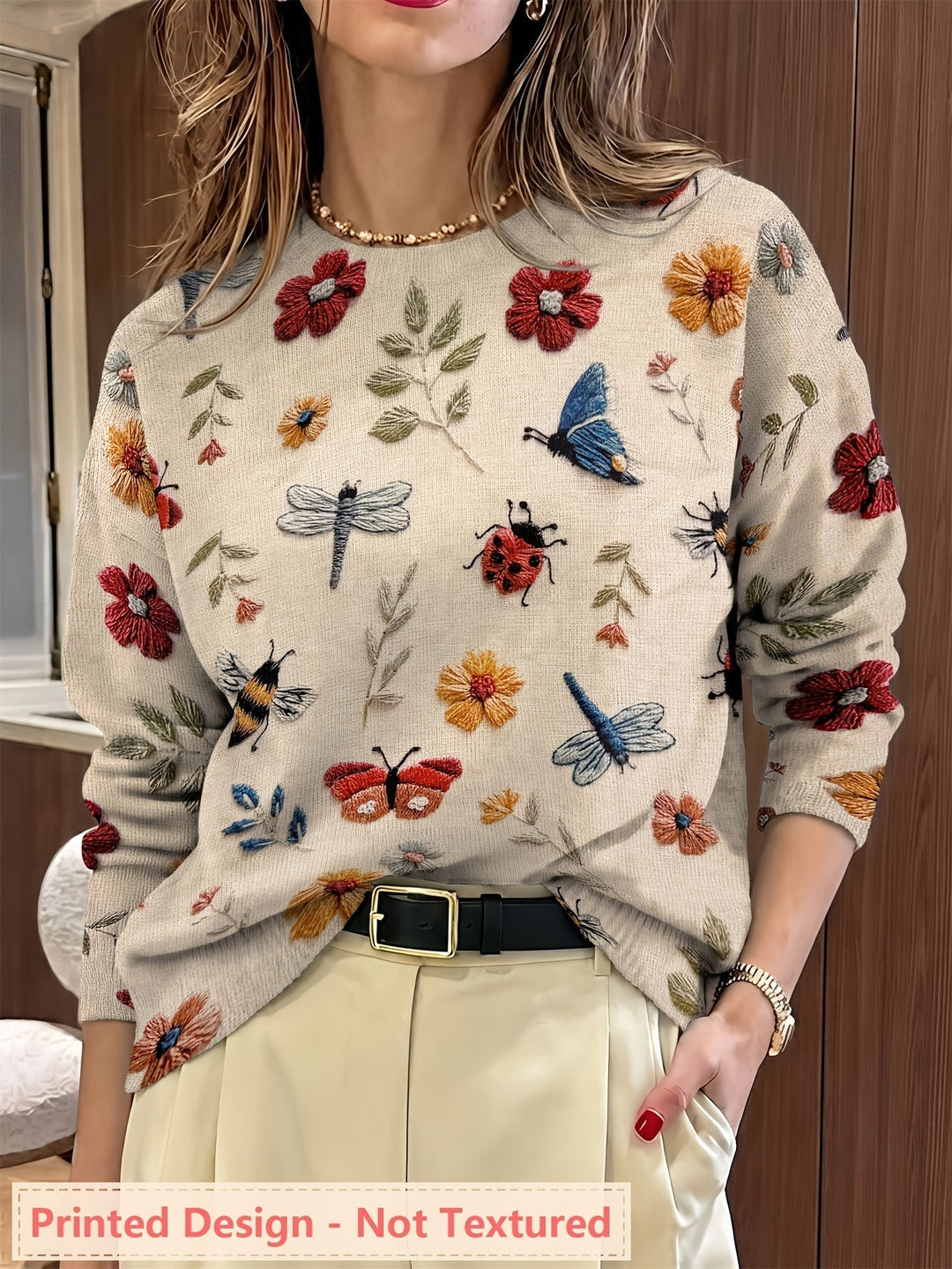 Botanical Print Crewneck Sweater for Women