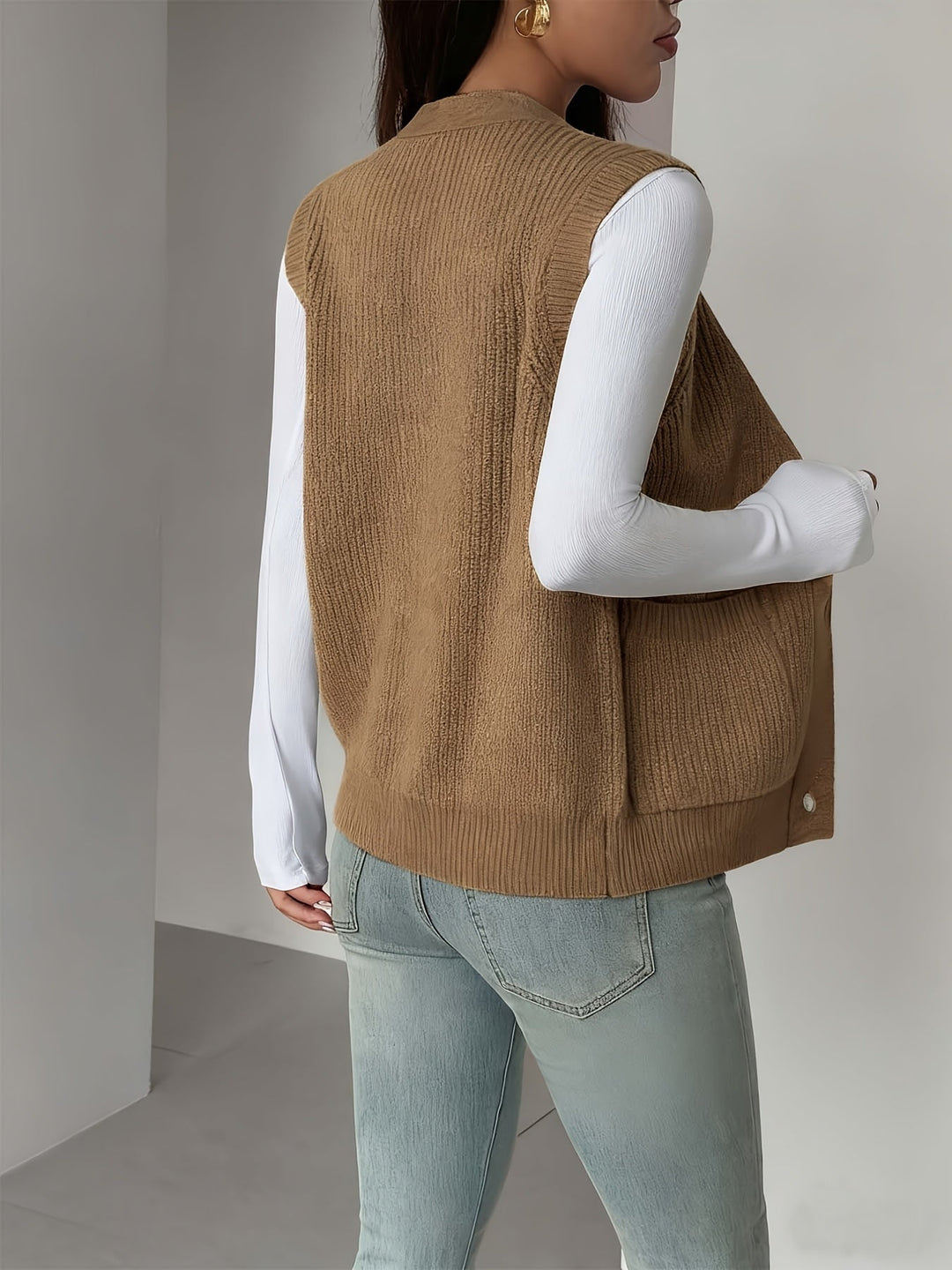 Buttoned V-Neck Knit Vest for Women