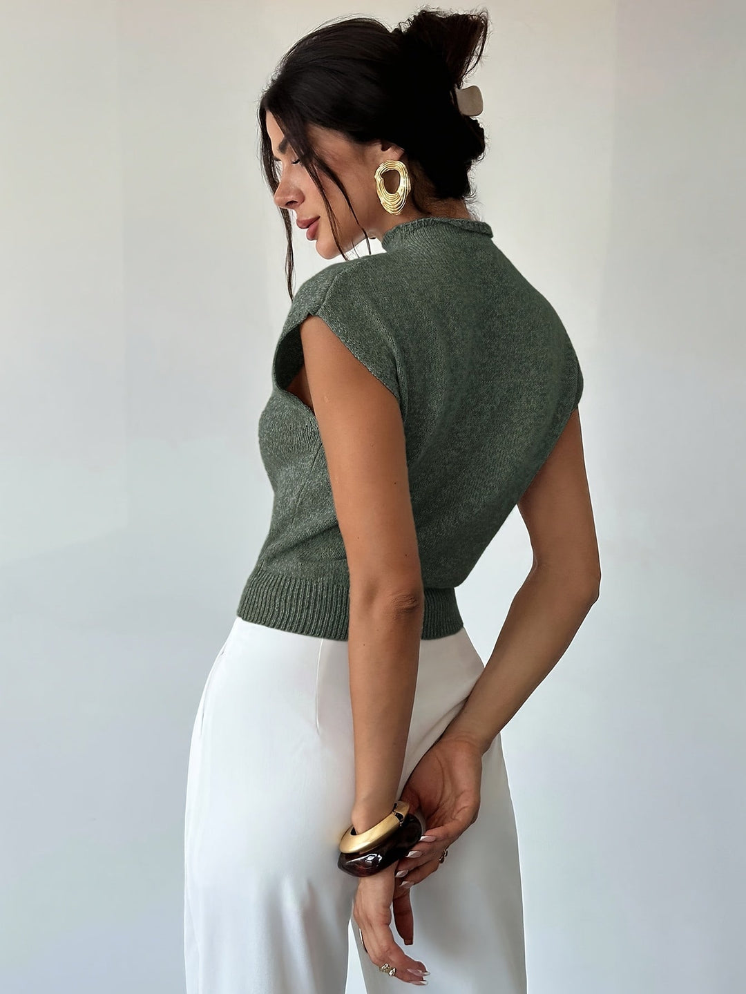 Olive Green Mock Neck Sleeveless Sweater Vest for Women